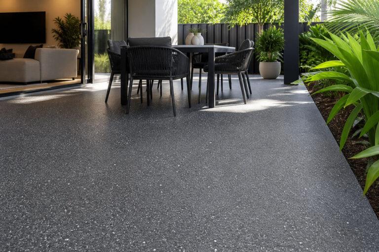 Resurfaced concrete patio on a Gold Coast home with a flecked Step Safe Heavy Duty finish, applied over the existing slab