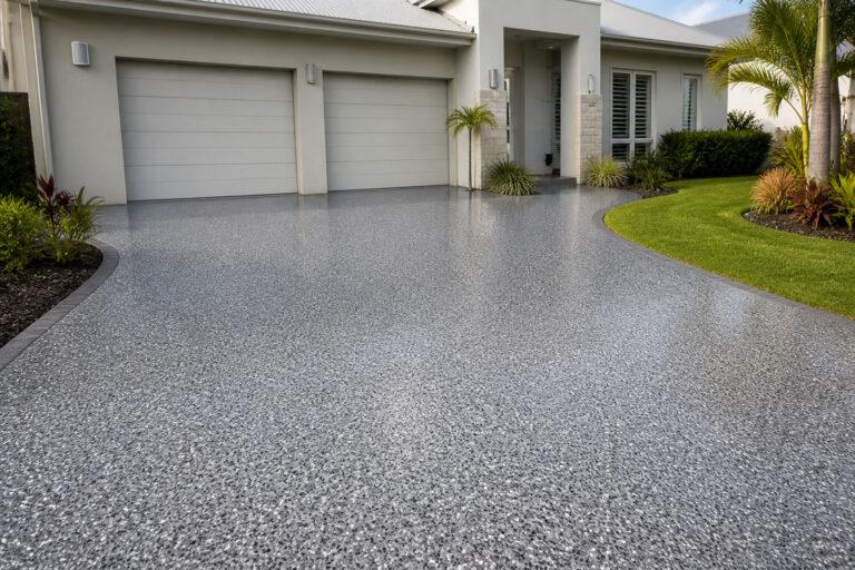 Epoxy driveway in a Gold Coast home with a Colour Flake® decorative finish over a UV-stable polyurethane topcoat