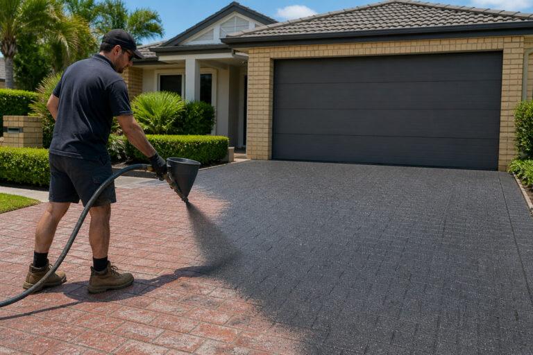 Resurfaced stencilled concrete driveway on a Gold Coast home, refreshed with the Dulux Avista system over the original stencil pattern