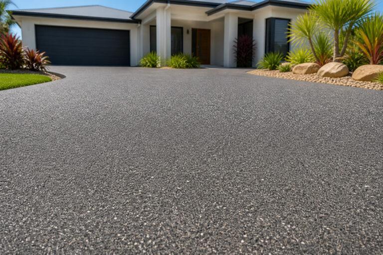 Textured concrete driveway in stone-look finish on a Gold Coast home, applied over existing concrete by Spray Your Concrete.