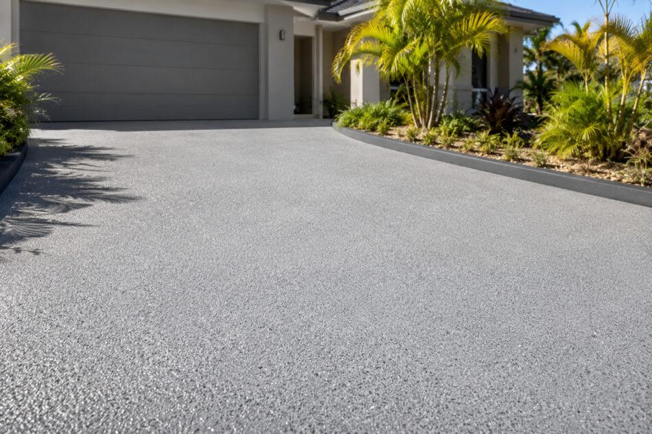 Light grey resurfaced exposed aggregate driveway on the Gold Coast, finished with a textured spray-applied coating.